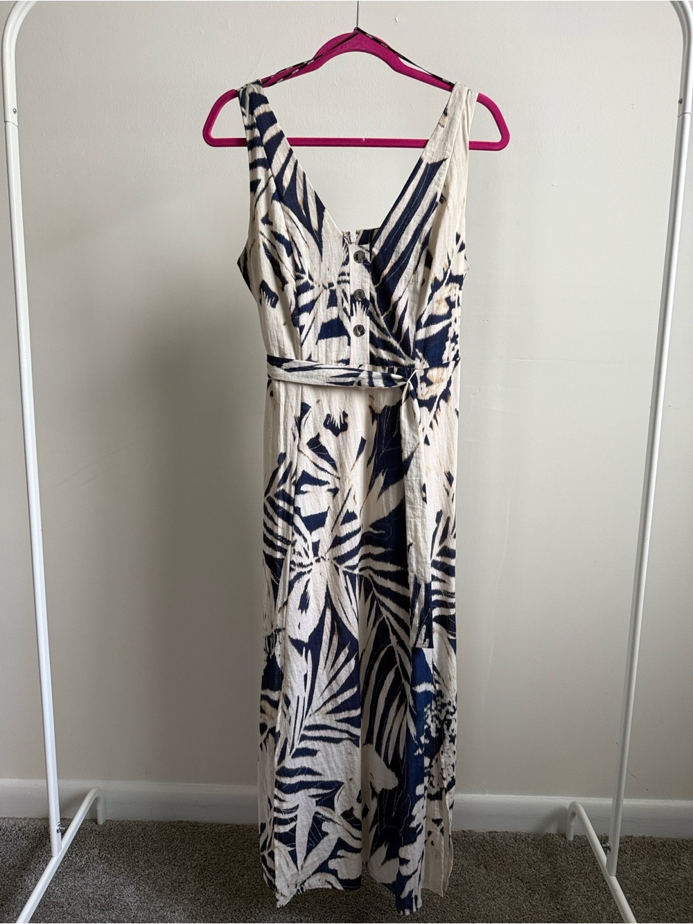 ✅DKNY Navy and Cream Tropical-Print Midi Dress with Tie Waist